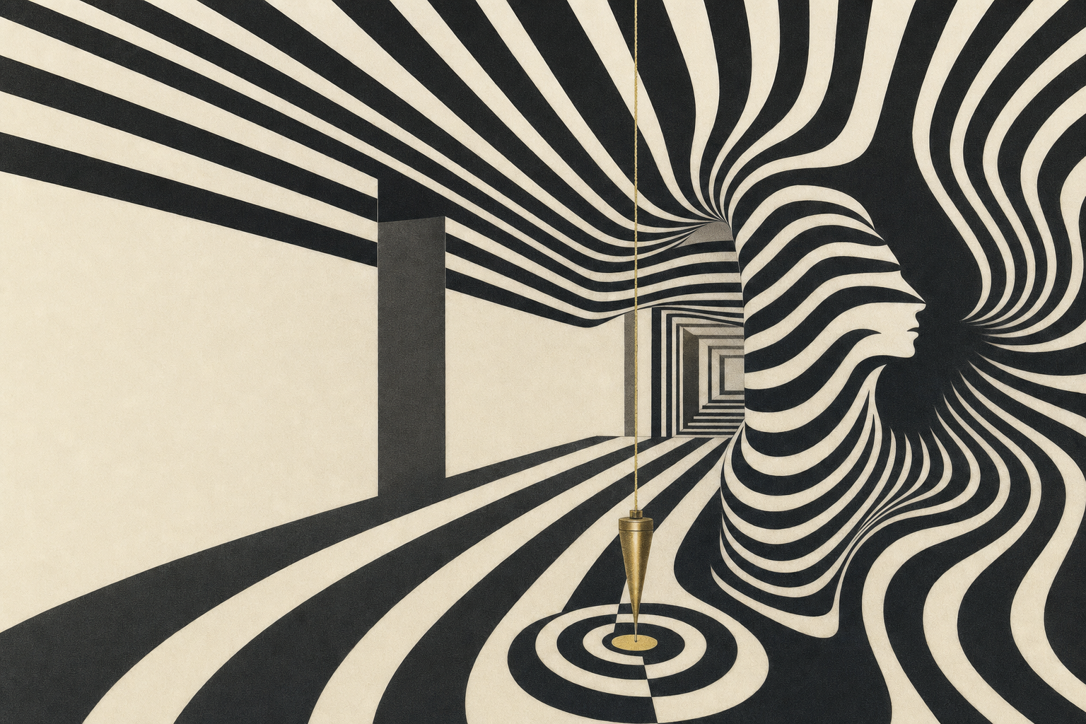 Illusion inside its striped corridor, a plumb line hanging over a target
